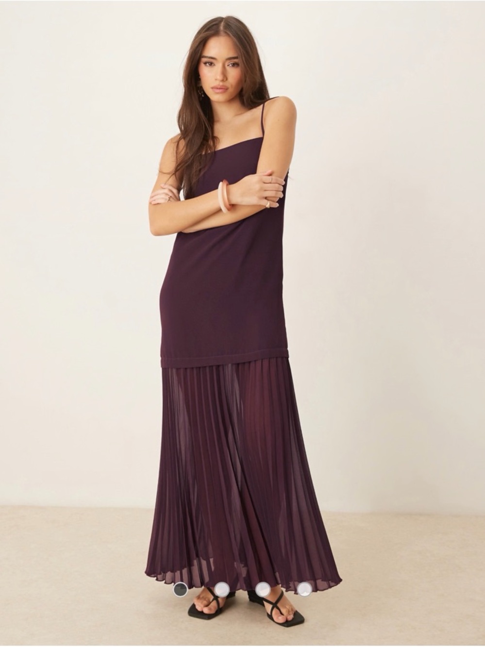 dropped waist pleated skirt cami midi dress in brown